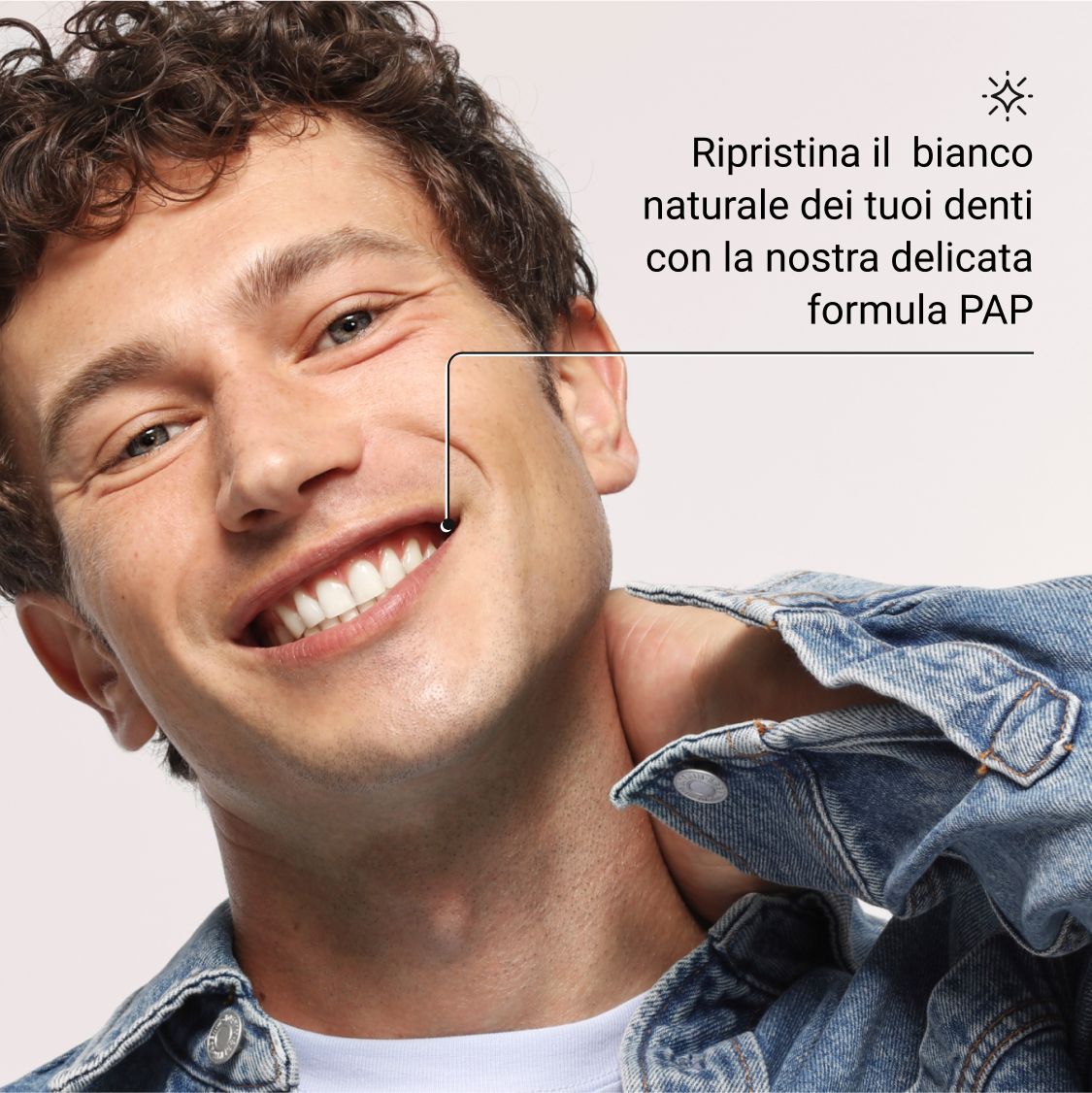 Un uomo sorride. Testo: Ripristina il bianco naturale dei tuoi denti con la nostra delicata formula PAP.