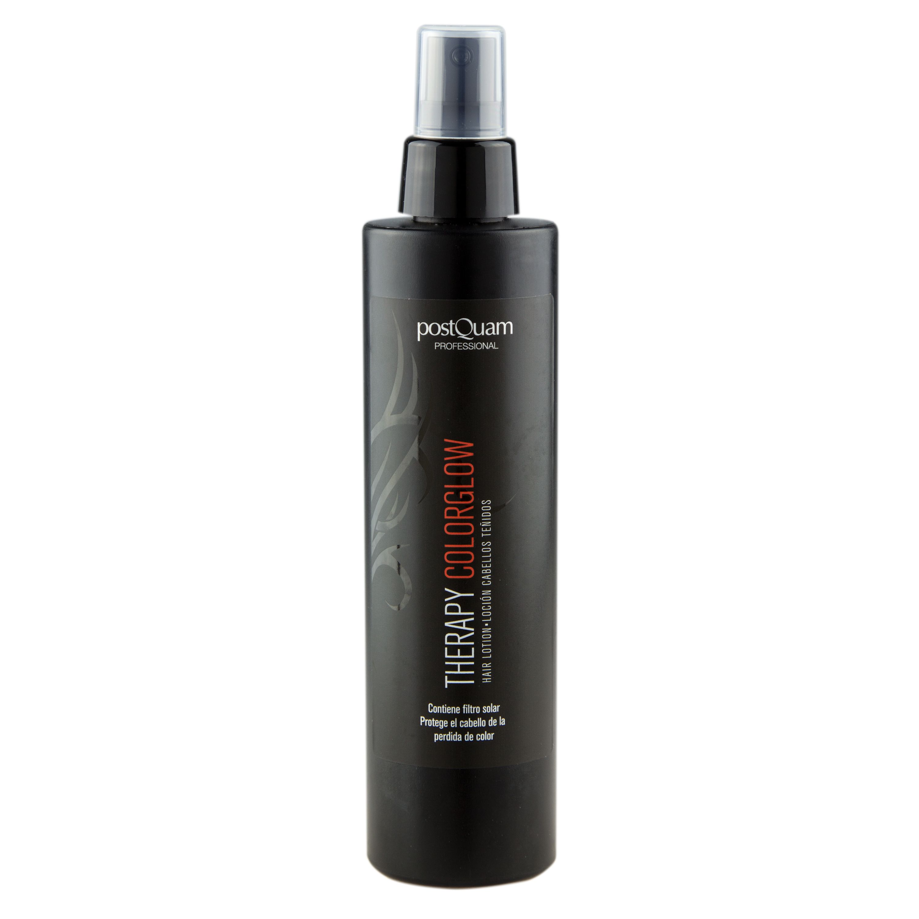 Schwarze Sprühflasche mit "postQuam PROFESSIONAL" und "THERAPY COLORGLOW" Schriftzug. Enthält Filter, schützt vor Farbverlust.