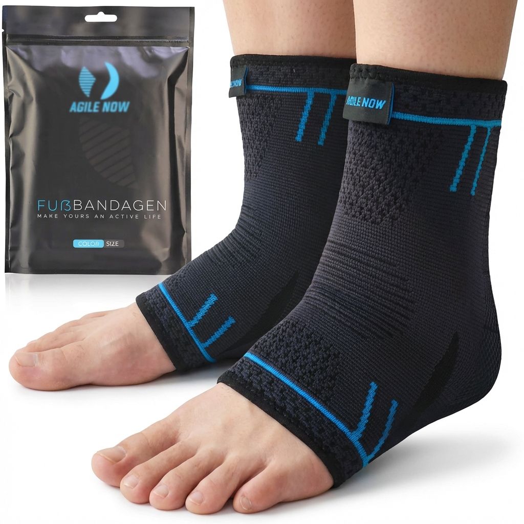 Zwei Sprunggelenkbandagen in Verpackung. Marke: AGILE NOW. Text: FUBBANDAGEN.