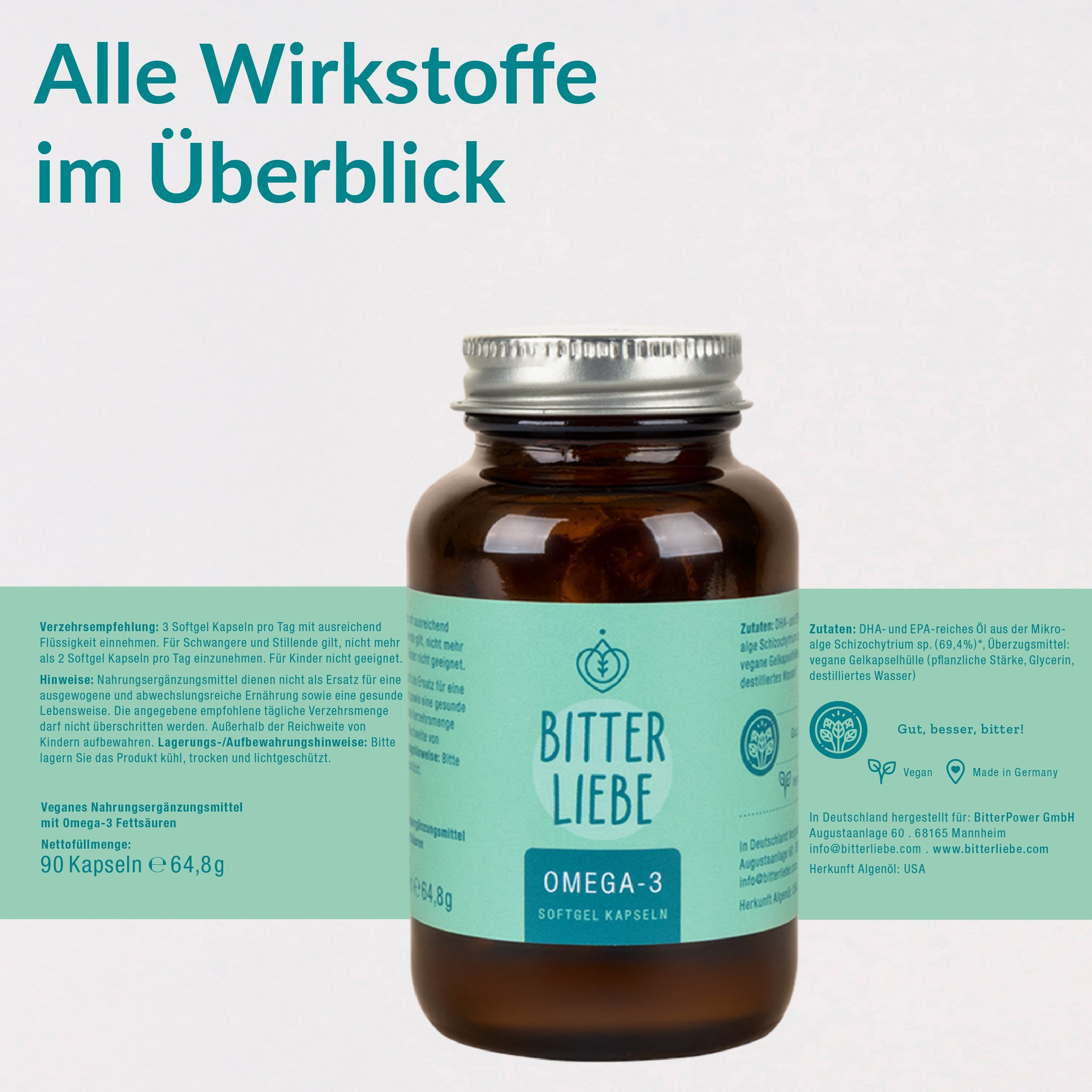 BitterLiebe - Omega-3 Kapseln vegan und hochdosiert - aus pflanzlichen Algenöl - Omega-3-Fettsäuren