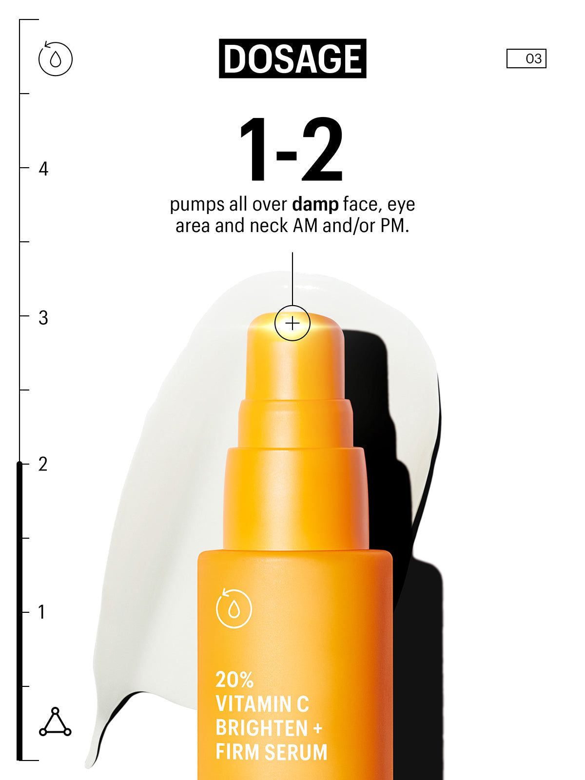 Gelbe Flasche mit Serum. Text: 20% Vitamin C Brighten + Firm Serum. Dosierung: 1-2 Pumpstöße auf Gesicht und Hals.