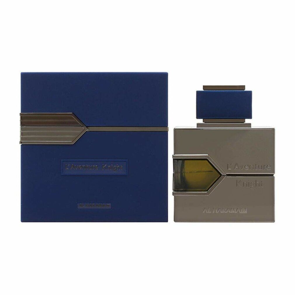 Blau-graue Schachtel und Flakon. Aufschrift: L'Aventure Knight, AL HARAMAIN. Rechteckige Form, silberne Akzente.