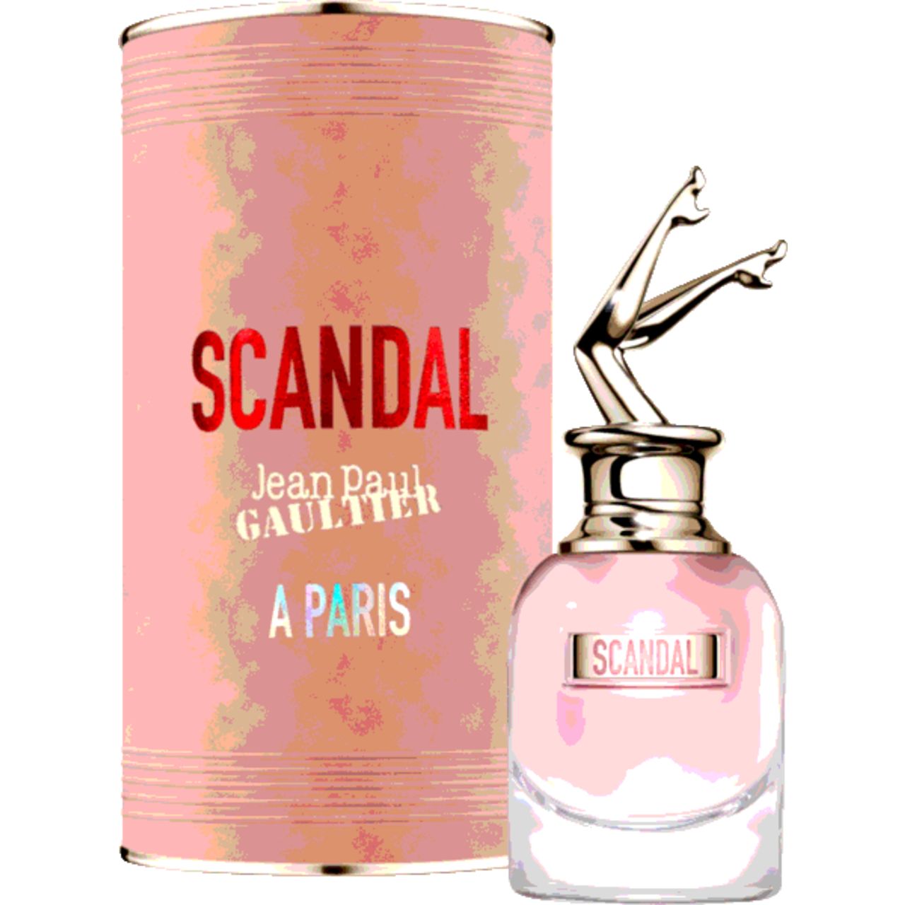 Parfümflakon und zylindrische Verpackung. Rosa Flakon mit goldfarbenen Beinen. Aufschrift "SCANDAL". Verpackung rosa.