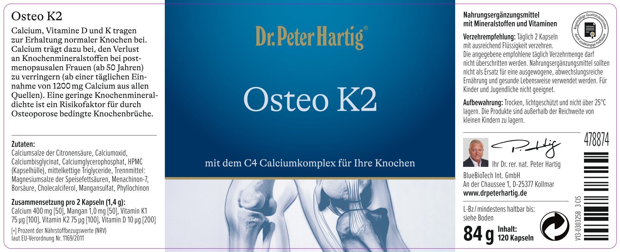 Etikett der Flasche Osteo K2. Enthält Informationen zu Inhaltsstoffen, Dosierung und Hersteller. Abbildung von Knochen.