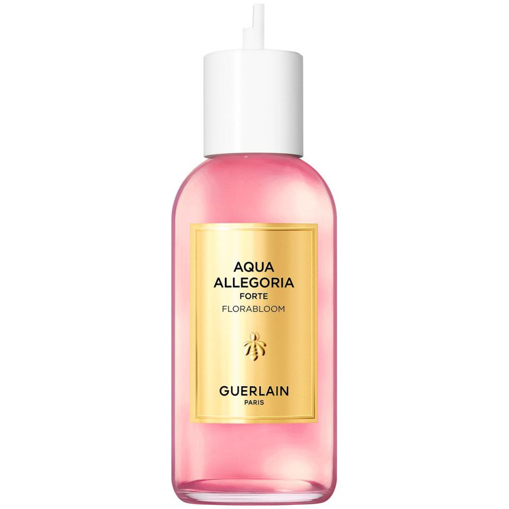 Rosa Flüssigkeit in einer Flasche mit weißem Verschluss. Goldfarbenes Etikett mit Text: Aqua Allegoria Forte Florabloom, Guerlain Paris.