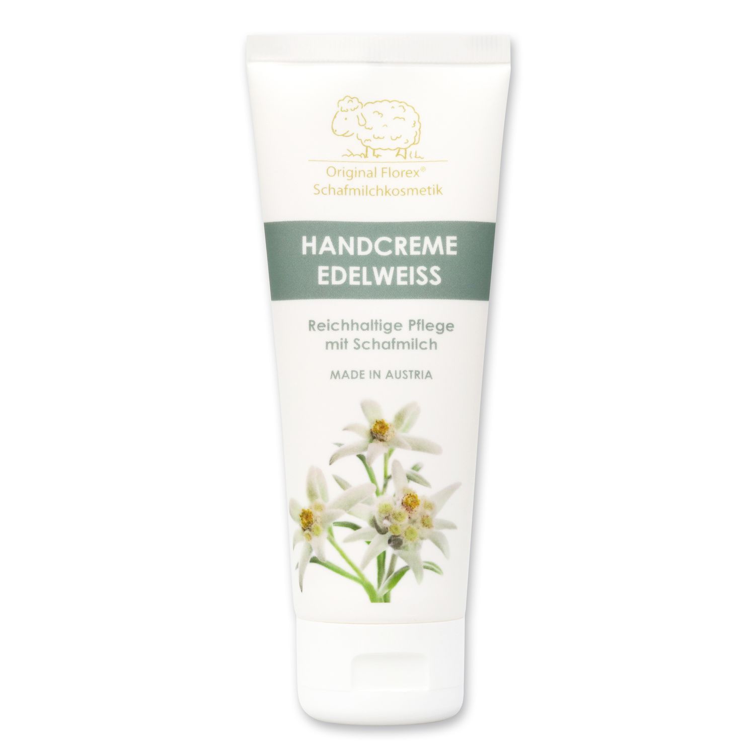 Creme-Tube mit Aufschrift HANDCREME EDELWEISS. Abbildung von Edelweißblüten. Text: Reichhaltige Pflege mit Schafmilch. Hergestellt in Österreich.