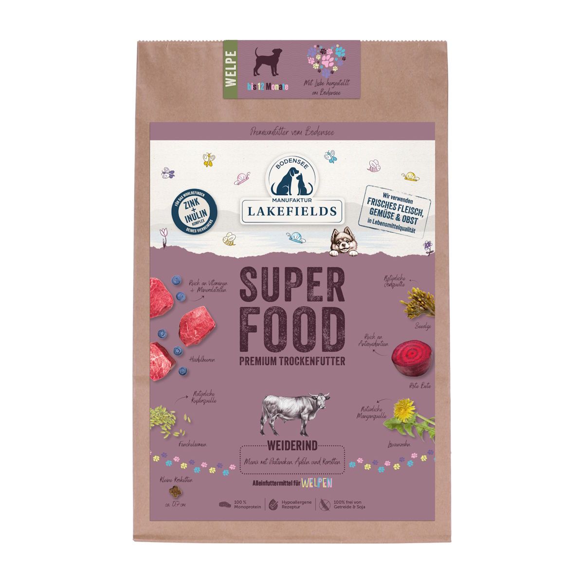 Lakefields - Superfood Premium Hundefutter Weiderind Komplettmenü für Welpen 2500 g