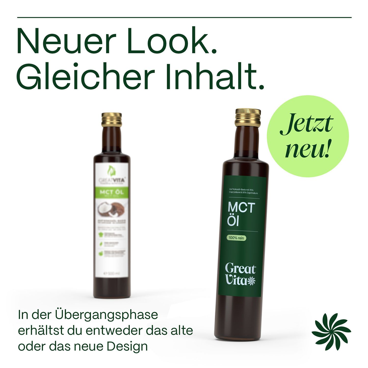 Zwei Flaschen mit MCT Öl. Links: weißes Etikett. Rechts: grünes Etikett. Text: Neuer Look. Gleicher Inhalt. Jetzt neu!