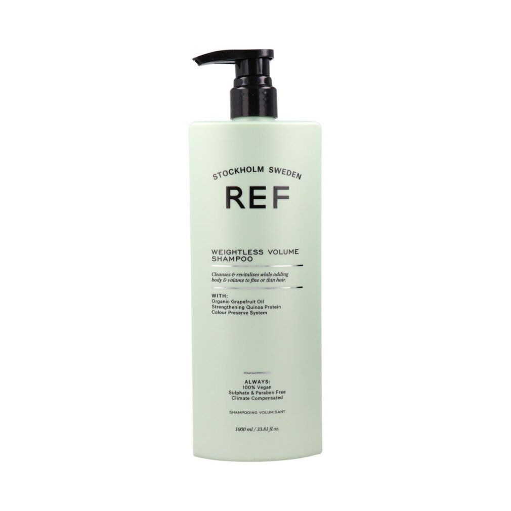 Grüne Shampoo-Flasche mit schwarzem Pumpkopf. Aufschrift: REF WEIGHTLESS VOLUME SHAMPOO. Text: Organic Grapefruit Oil, Colour Preserve System.