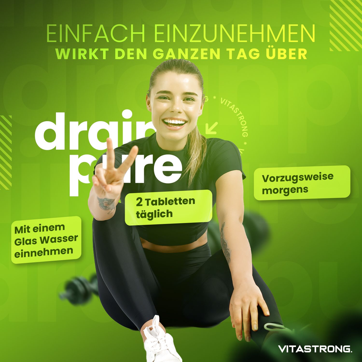Frau mit Peace-Zeichen, Produktinformationen: 'drain pure', '2 Tabletten täglich', 'Mit einem Glas Wasser einnehmen', 'Vorzugsweise morgens'.