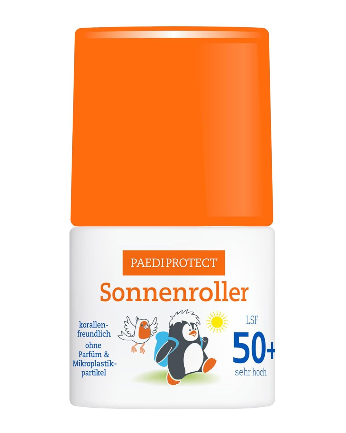 PAEDIPROTECT Sonnenroller LSF 50+ mit orangefarbenem Deckel. Enthält Text und ein Pinguin-Logo.