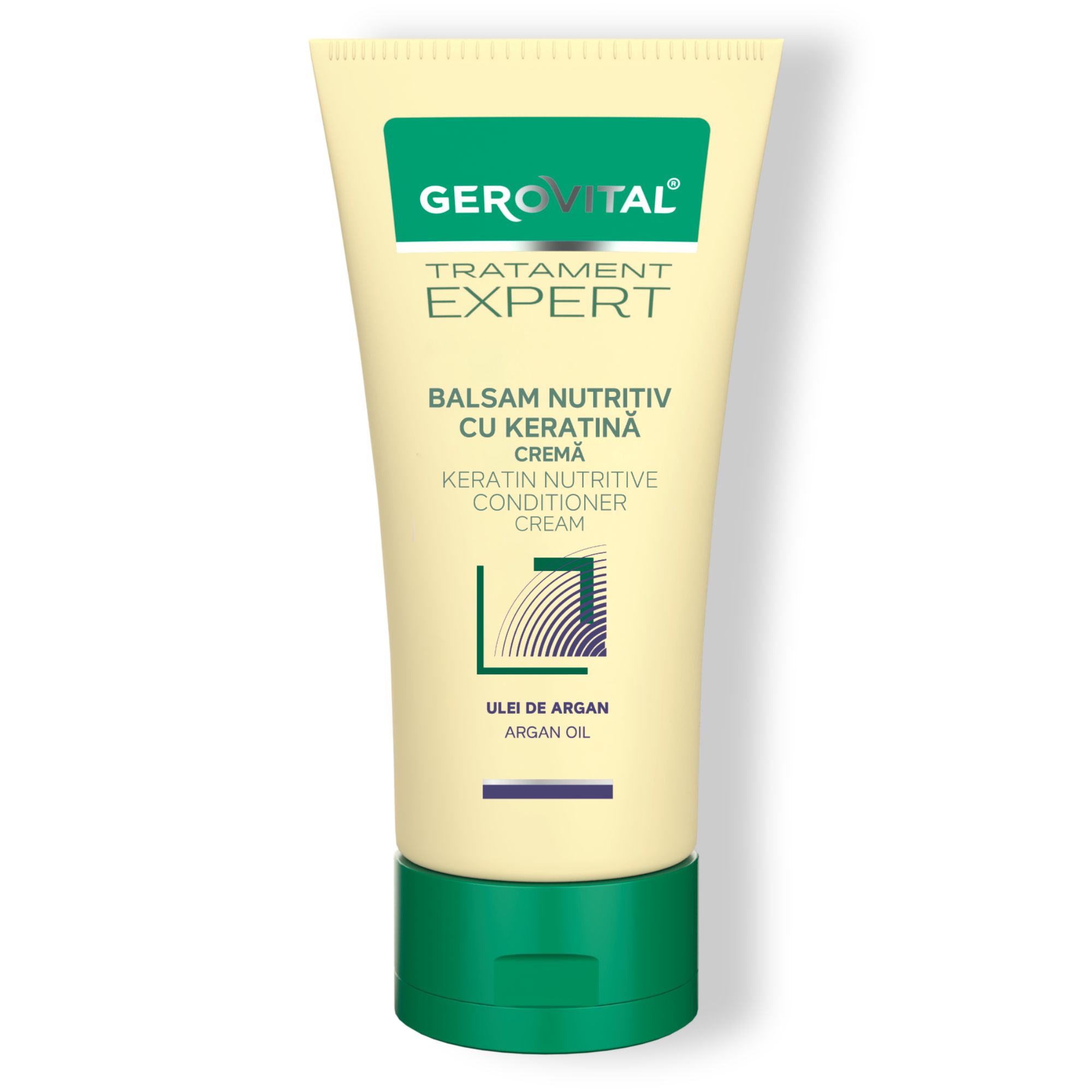 Creme-Tube mit grünem Deckel. Beschriftung: Gerovital, Tratament Expert, Balsam Nutritiv cu Cheratina, Ulei de Argan.
