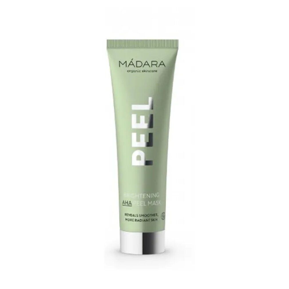 Grüne Tube mit Produktaufschrift. Marke: MÁDARA. Text: PEEL, Brightening AHA Peel Mask. Silberne Kappe.