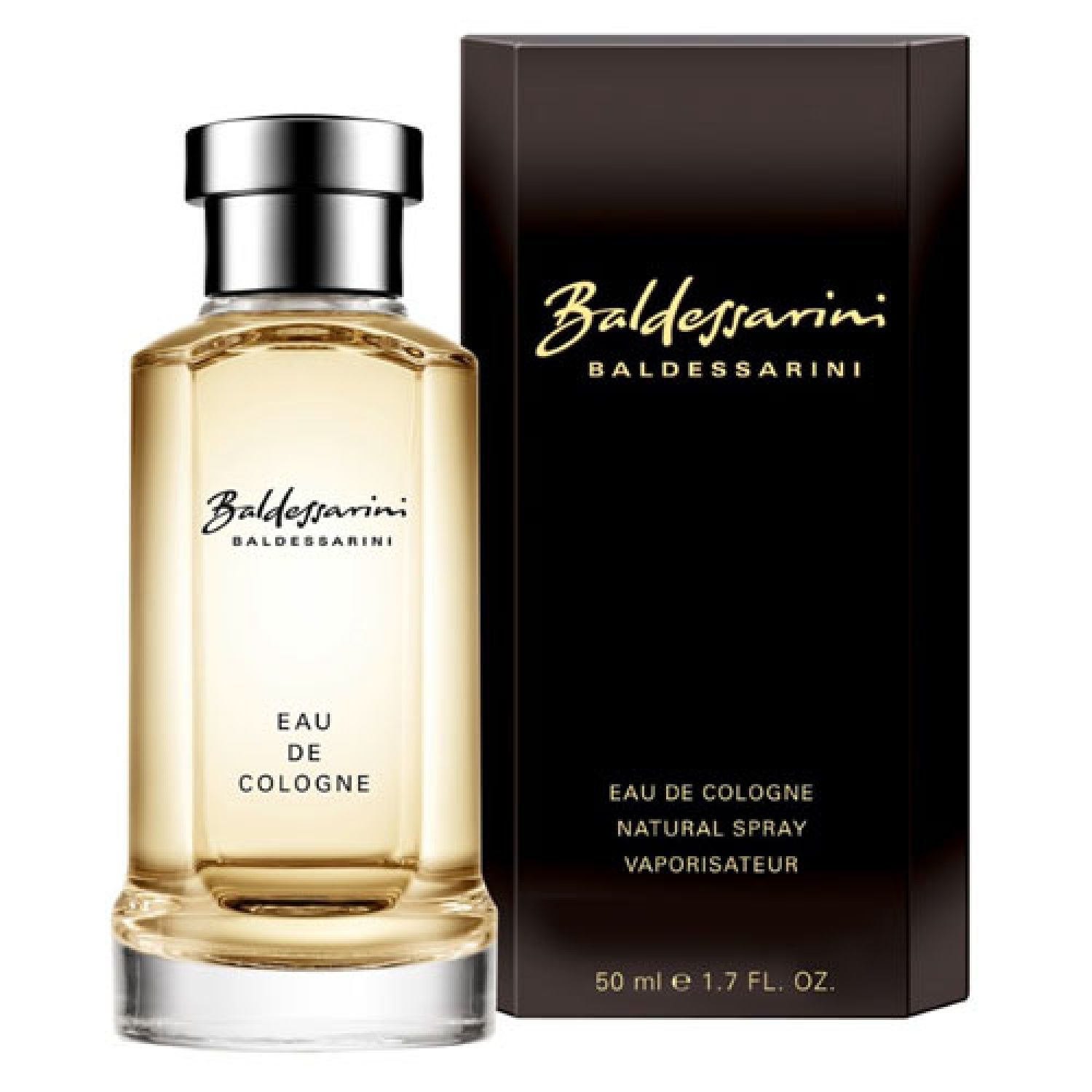 Flakon mit silbernem Verschluss und schwarzer Verpackung. Aufschrift: Baldessarini, Eau de Cologne. 50 ml.