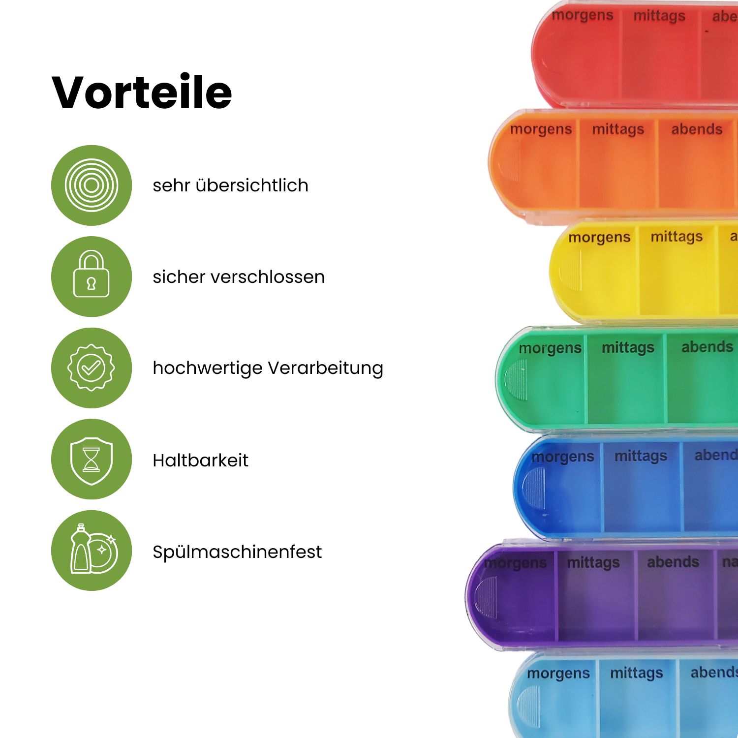 Mehrere Tablettenboxen mit farbigen Fächern. Text: morgens, mittags, abends. Vorteile: übersichtlich, sicher verschlossen, hochwertige Verarbeitung, Haltbarkeit.