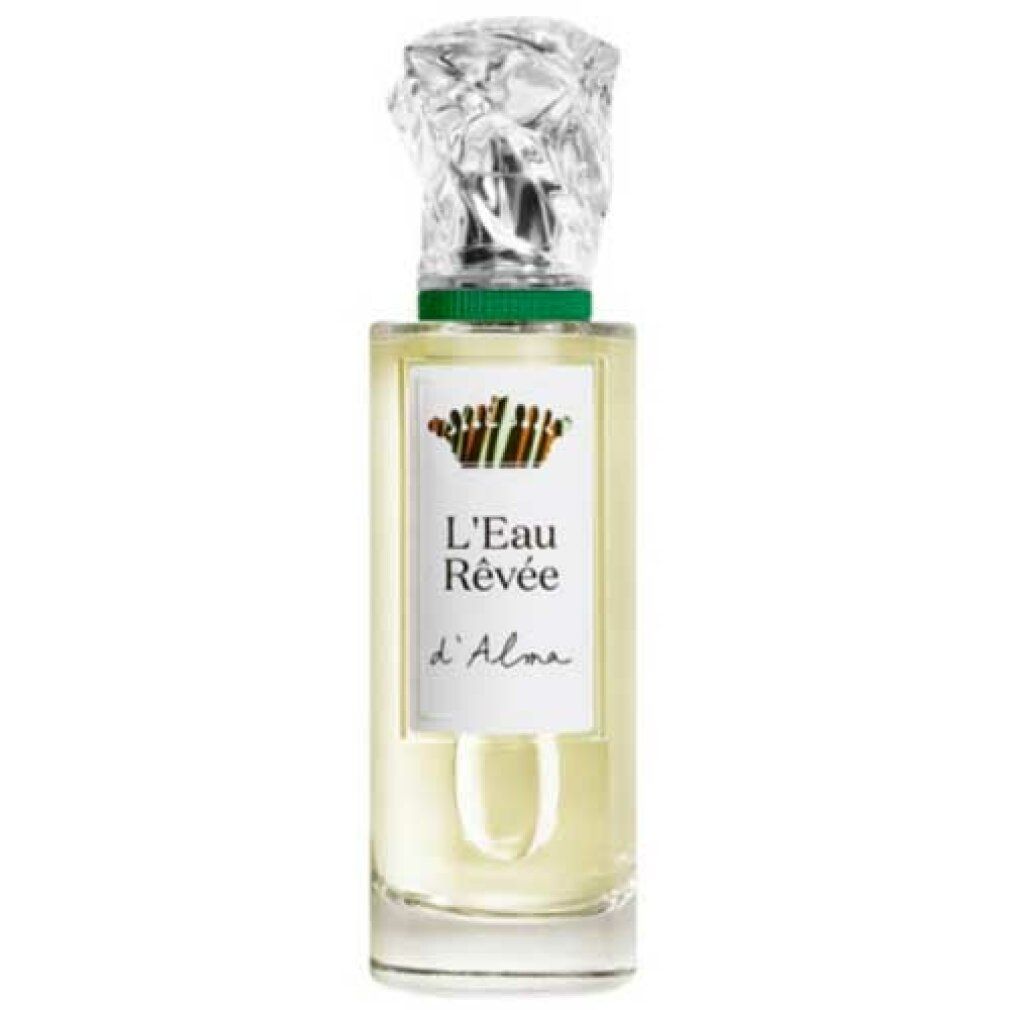 Glasflakon mit transparentem Verschluss. Aufschrift: L'Eau Rêvée d'Alma. Flüssigkeit gelblich.