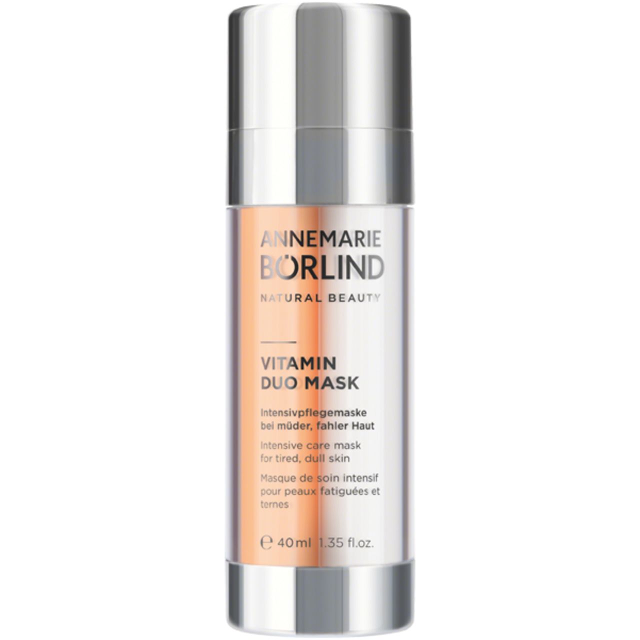 ANNEMARIE BÖRLIND Vitamin Duo Mask. Flasche mit silbernem Deckel. Text und Produktbezeichnung. 40ml.