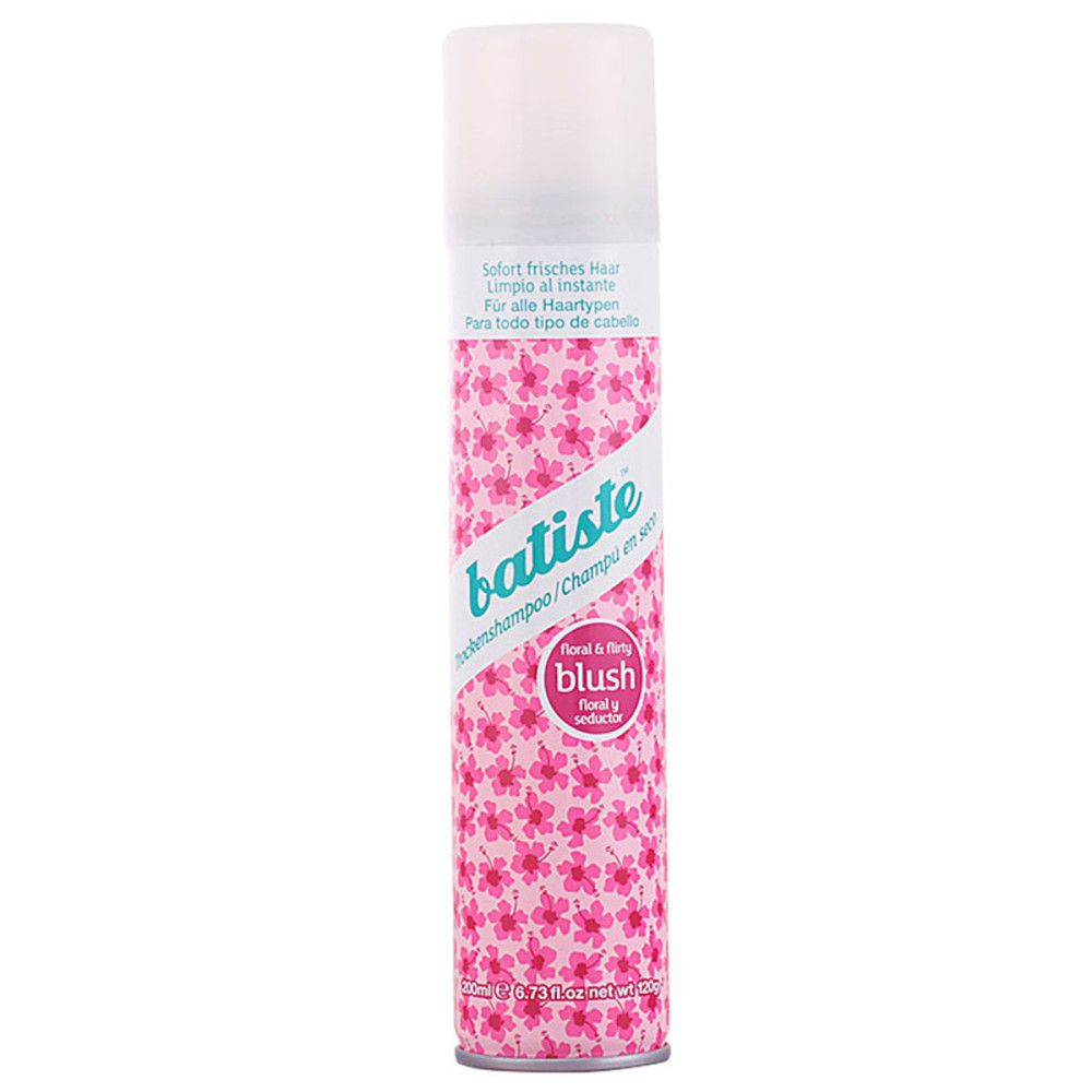Trockenshampoo-Spraydose mit rosa Blumenmuster. Weißer Deckel, Produktname und Schriftzug in Türkis und Rosa.