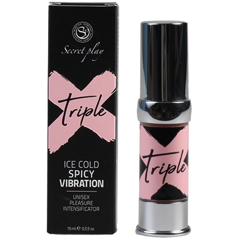 Produkt und Verpackung. Flasche mit silberner Kappe und schwarzer Schachtel. Aufschrift: Triple, Ice Cold Spicy Vibration, Unisex Intensificator.