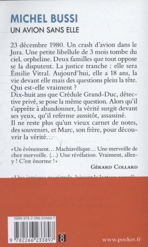 Buchrücken: „Un avion sans elle“ von Michel Bussi. Schwarzer Hintergrund, weißer Text, ISBN-Code.