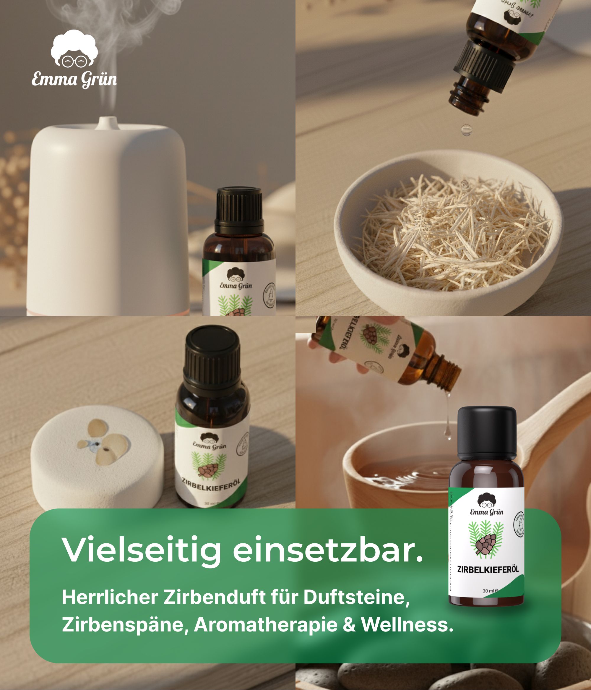 Verschiedene Anwendungen von Zirbenöl. Flaschen, Duftstein, Holzspäne, Aromatherapie & Wellness.