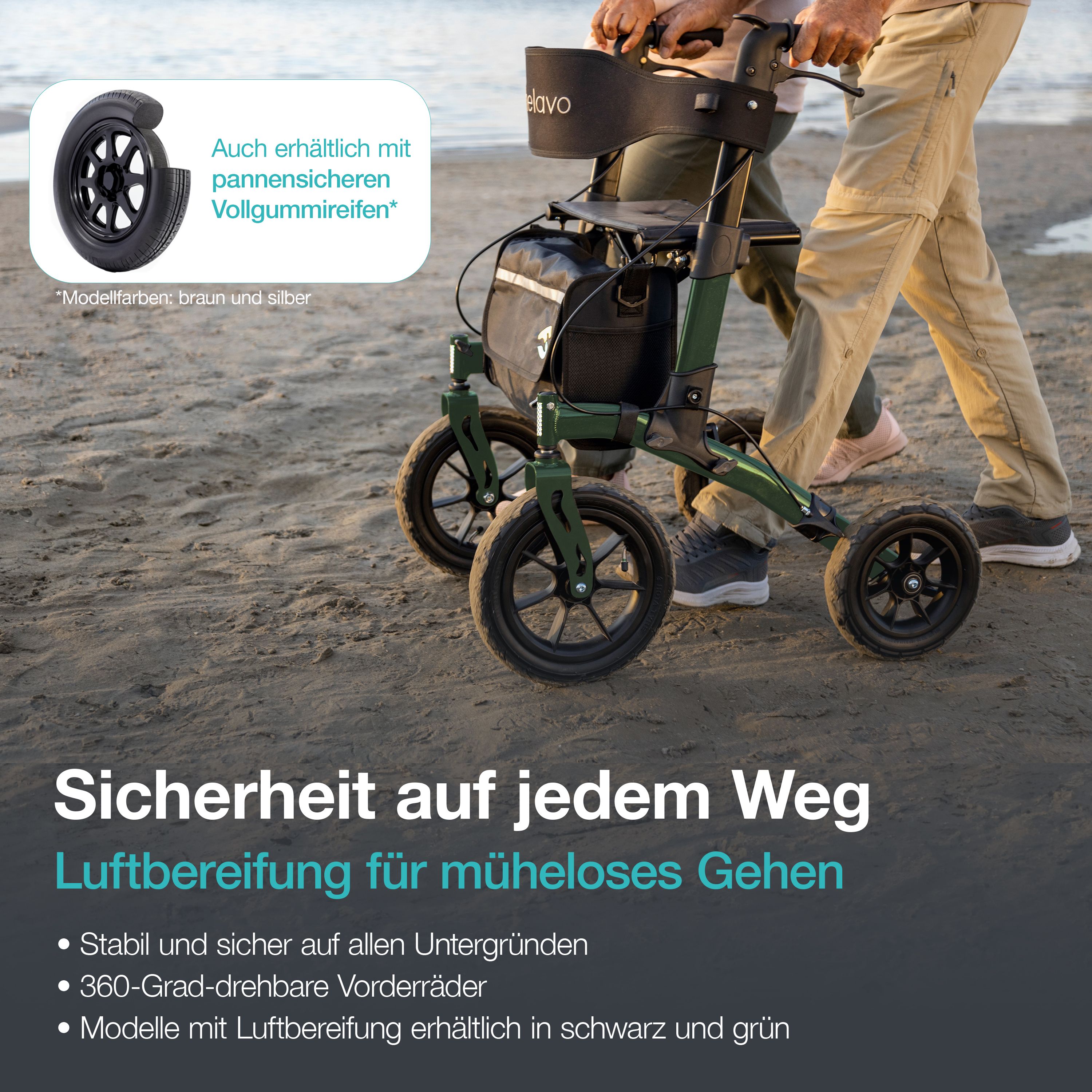 Helavo Outdoor Rollator mit Luftbereifung faltbar mit Sitz und Rueckenlehne