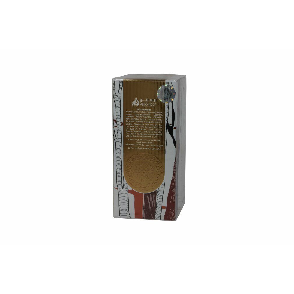 Parfüm-Verpackung mit goldfarbenem Akzent. Aufschrift: Prestige. Holz-Design. Text in arabischer Schrift.