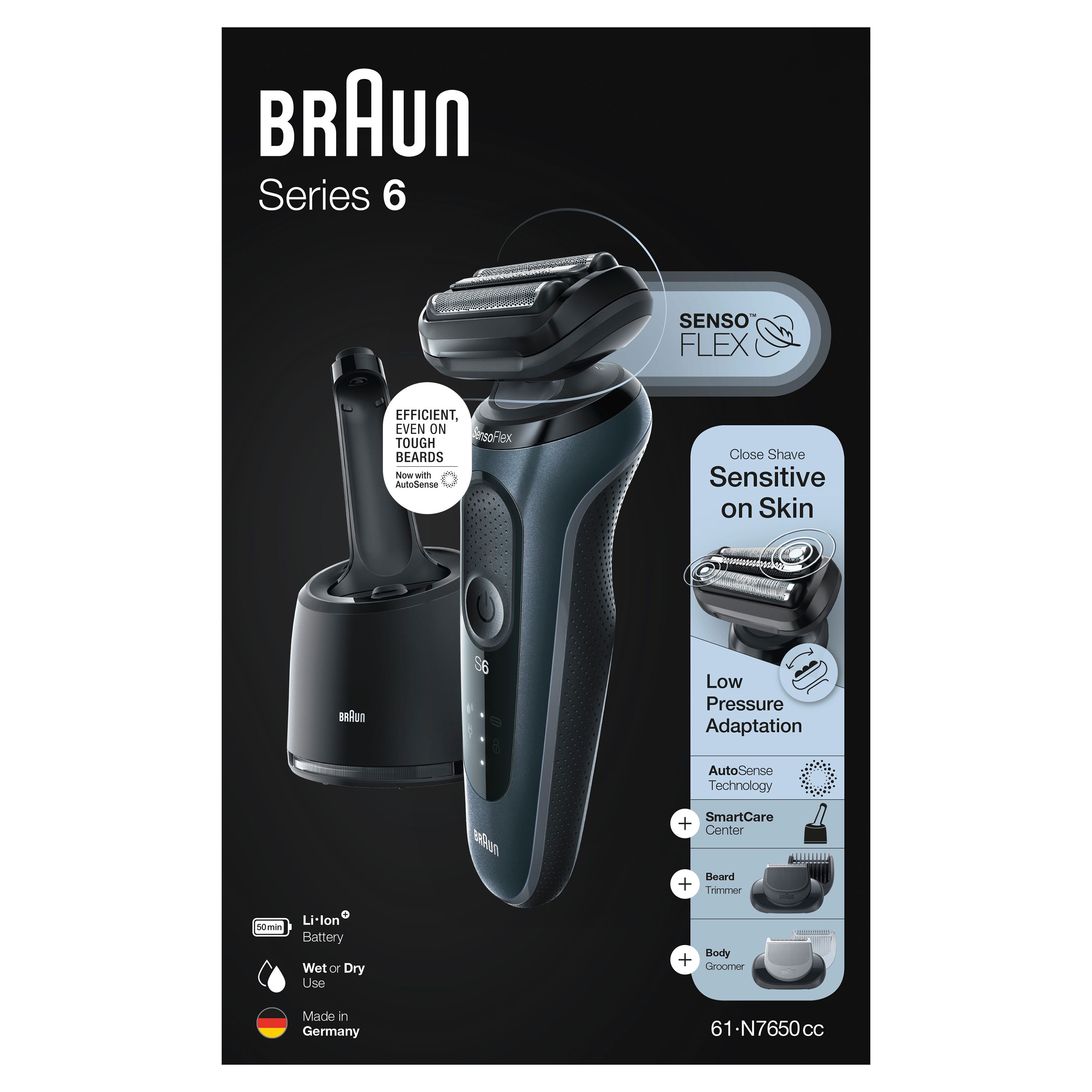 Braun Series 6 Rasierer und Zubehör auf schwarzem Hintergrund. Verpackung mit Produktinformationen.