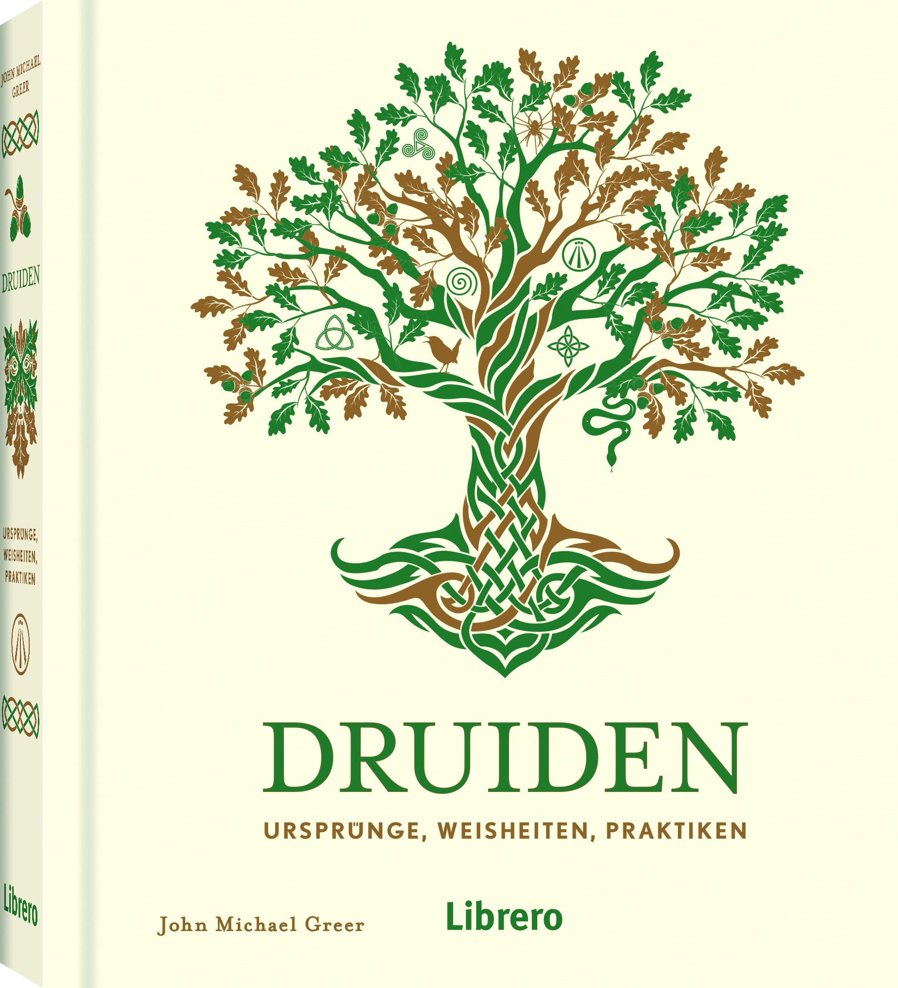 Buchcover mit Baum-Illustration. Titel: DRUIDEN. Autor: John Michael Greer. Verlag: Librero. Aufschrift: Ursprünge, Weisheiten, Praktiken.