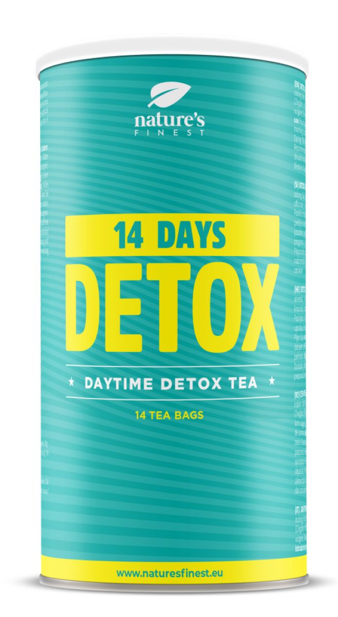 Zylindrische Dose mit blau-grünem Hintergrund. Gelber Streifen mit "14 DAYS DETOX". Logo "nature's finest". Text: "DAYTIME DETOX TEA", "14 TEA BAGS".