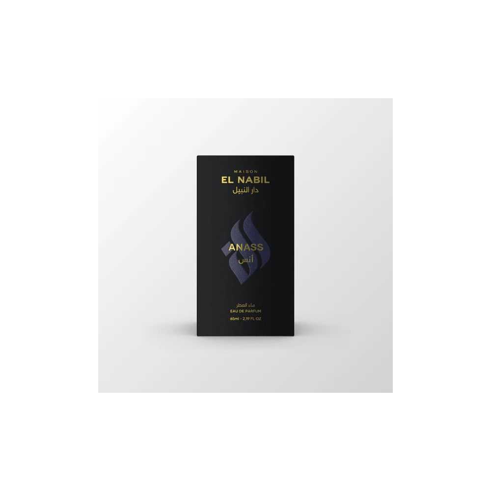 Schwarze Parfümbox mit goldener Schrift 'EL NABIL' und 'ANASS'.