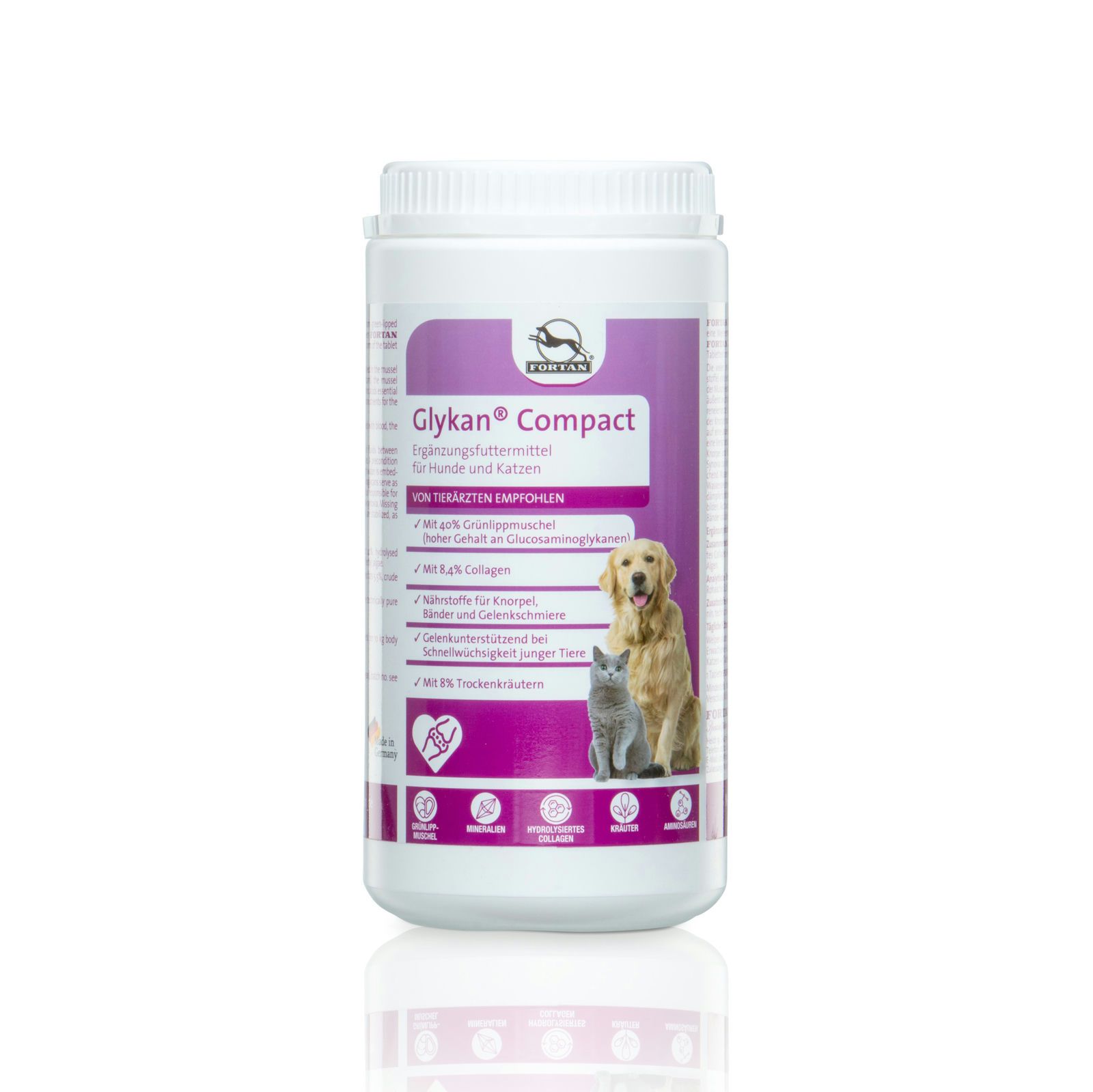 Weißes Behältnis mit lila Etikett. Text: Glykan Compact, Grünlippmuschel-Extrakt für Hunde & Katzen. Abbildung von Hund und Katze.