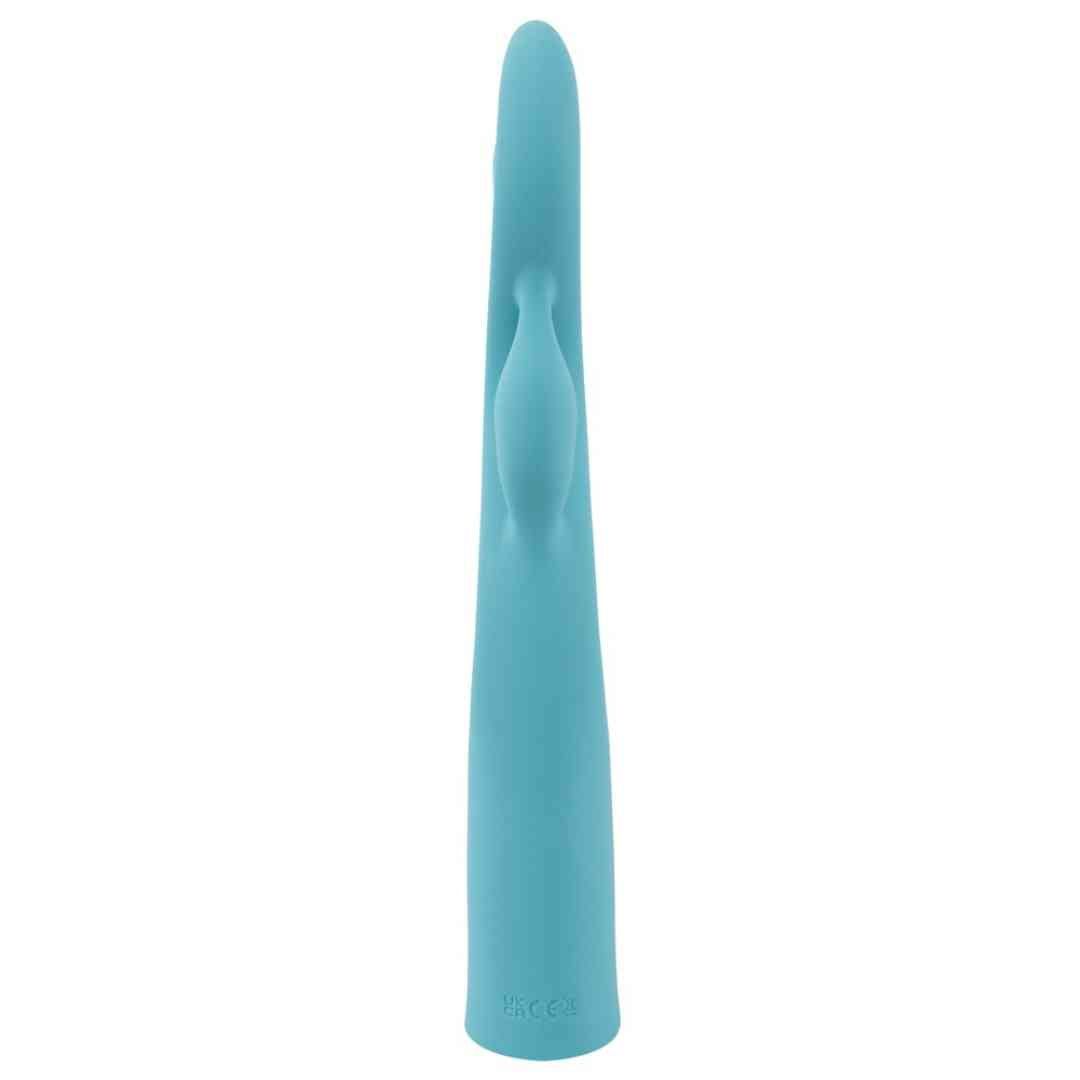 Türkisfarbener Vibrator mit länglicher Form. Oben eine Aussparung. Zylindrischer Griff.