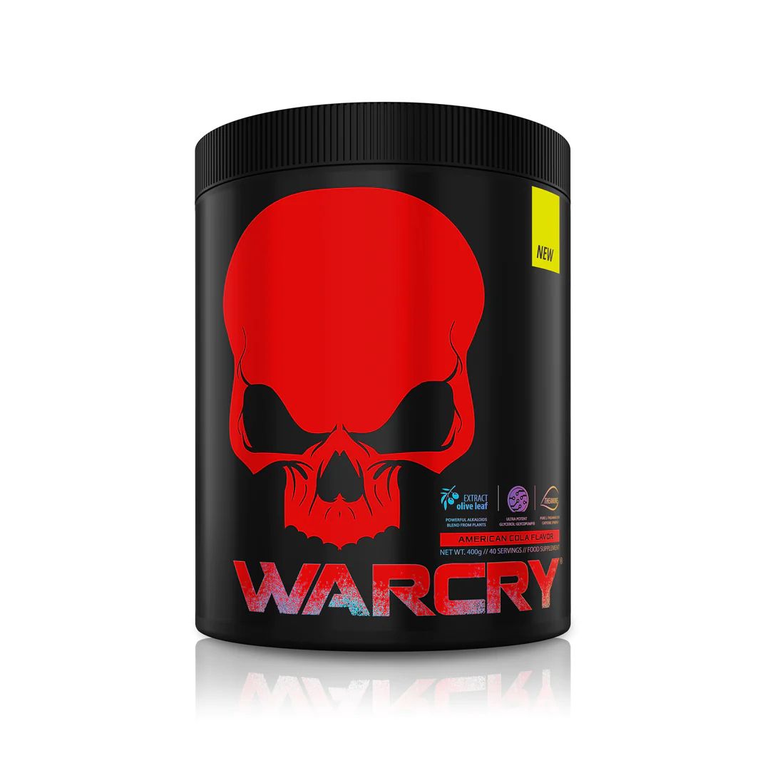 Schwarze Dose mit rotem Totenkopf-Design. Aufschrift WARCRY, American Flavor. Gelbes 'NEW' Etikett.