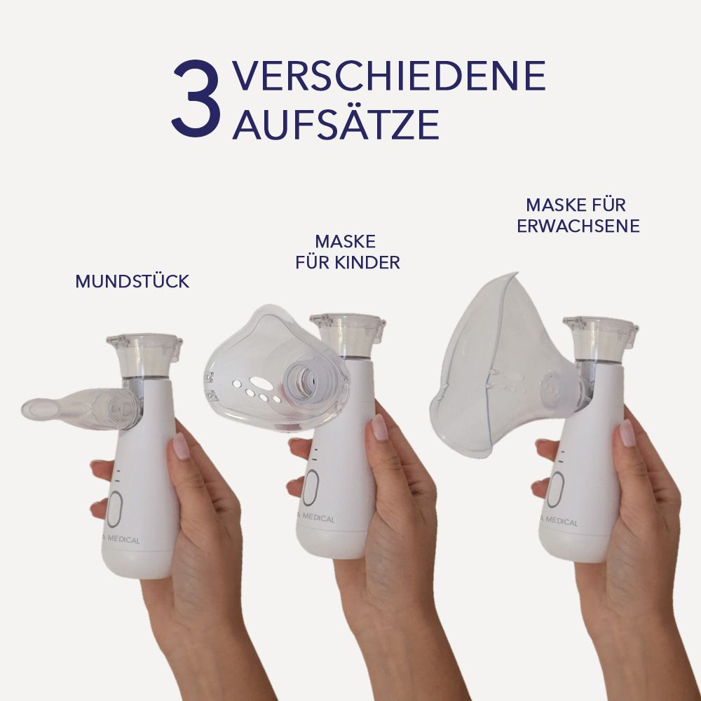 IEA Medical Inhalationsgerät mit Mundstück, Kindermaske und Erwachsenenmaske.