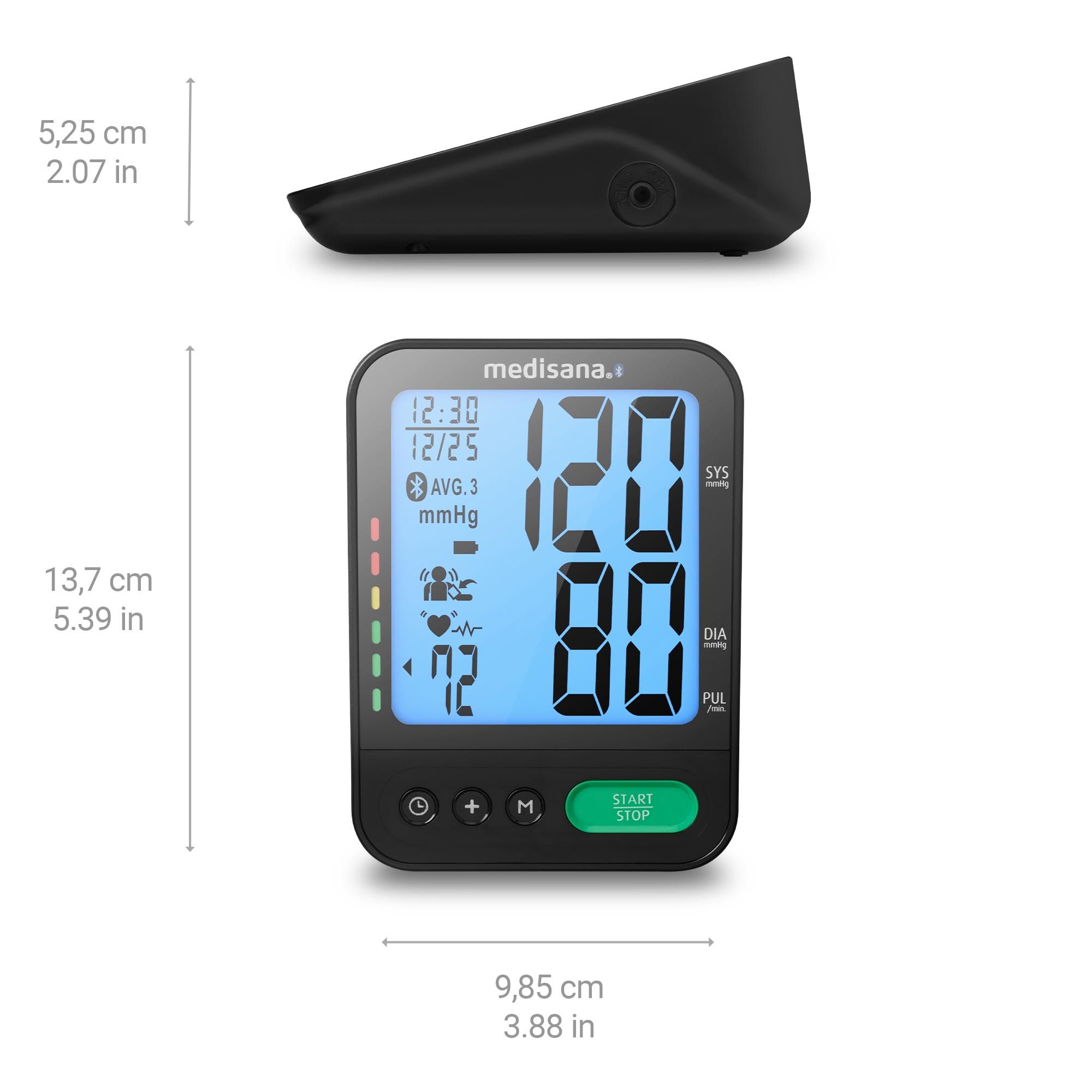 Zwarte bloeddrukmeter met blauw display. Afmetingen: 9,85 x 13,7 cm. Zijdelingse aansluiting. Metingen: 120/80 mmHg, pols 72.