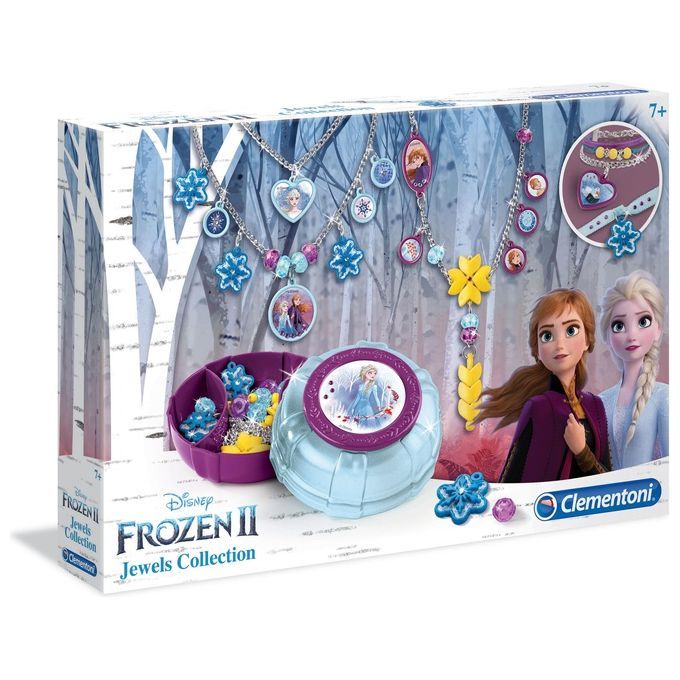 Confezione kit per creare gioielli. Include collane, ciondoli, perline e scatola. Motivi Disney Frozen 2 e logo Clementoni.