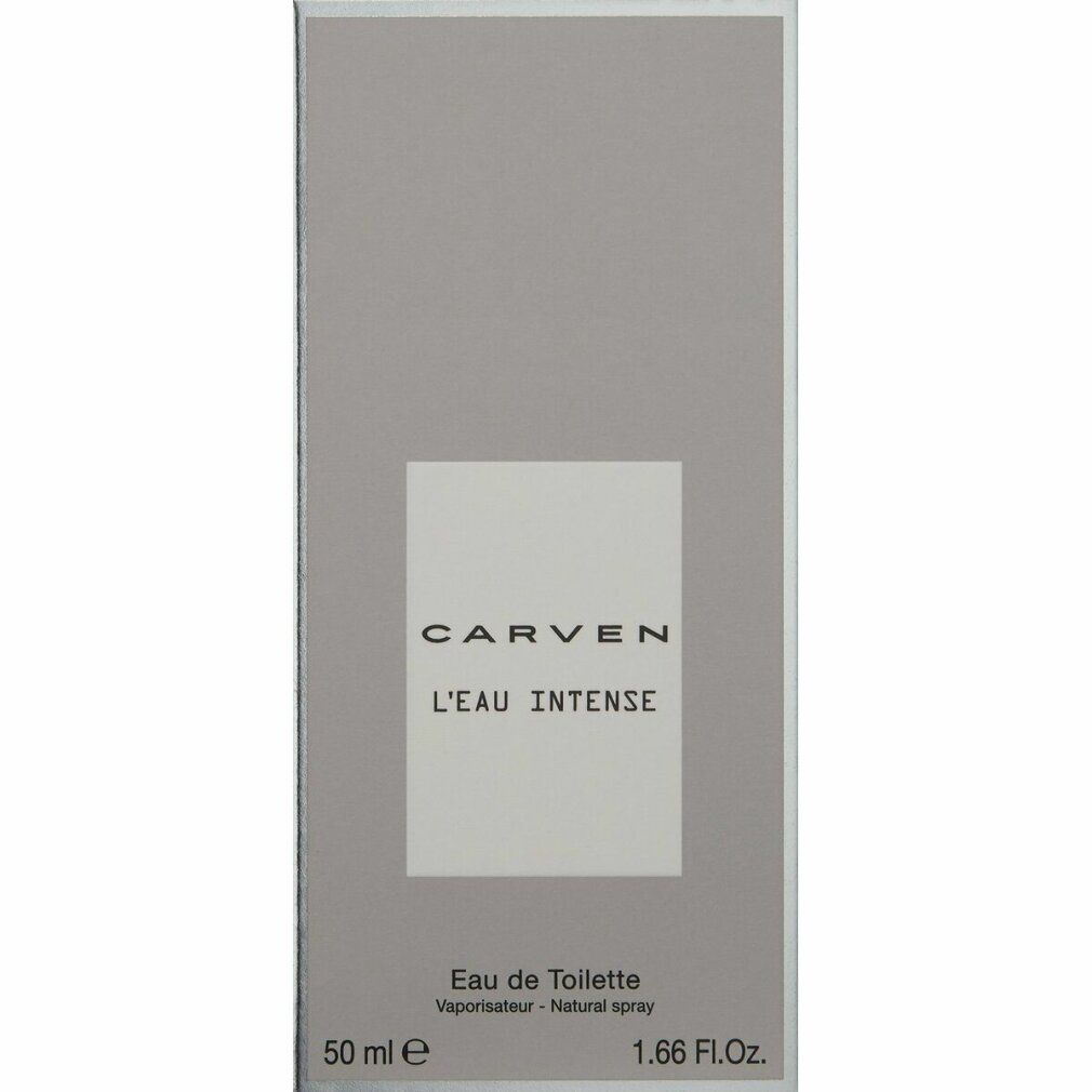 Graue Verpackung mit weißem Rechteck. Aufschrift: CARVEN L'EAU INTENSE. Text: Eau de Toilette.