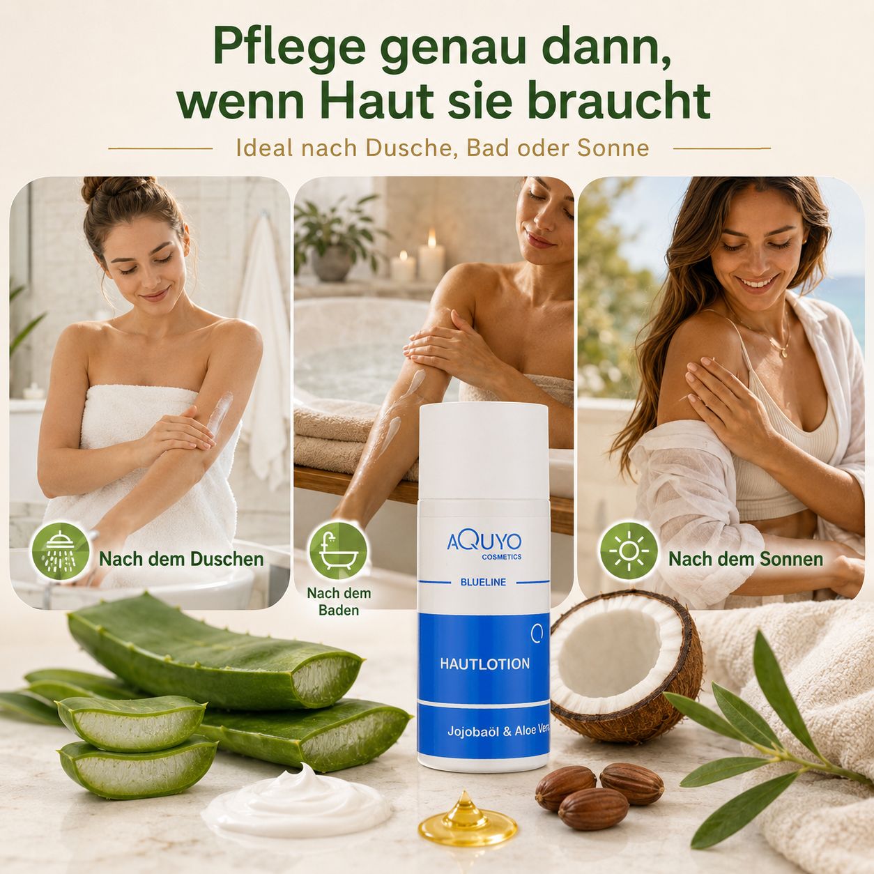 Frauen tragen Blueline Hautlotion nach dem Duschen, Baden oder Sonnen auf.