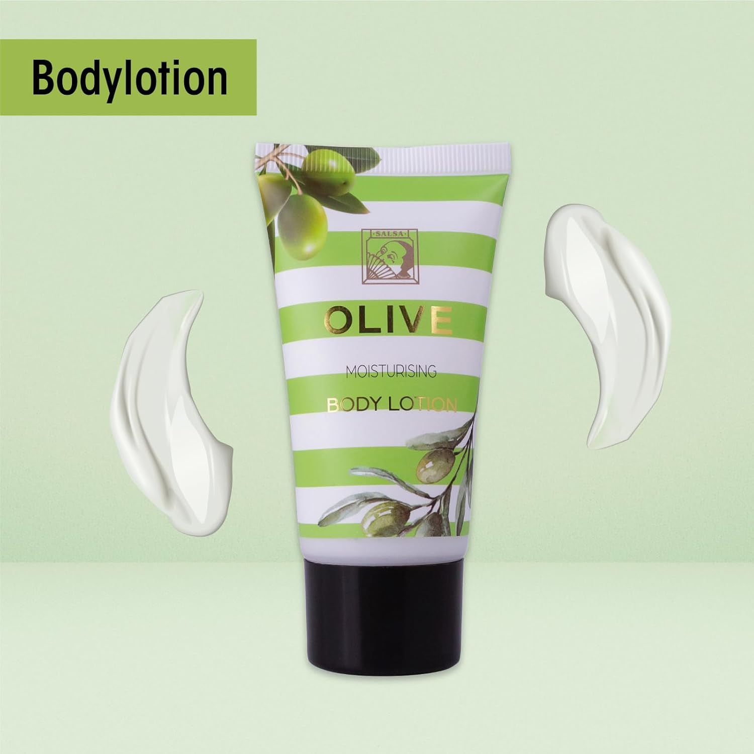 Bodylotion-Tube mit Oliven-Motiv. Weiß mit grünen Streifen. Aufschrift 'OLIVE'. Schwarzer Deckel.