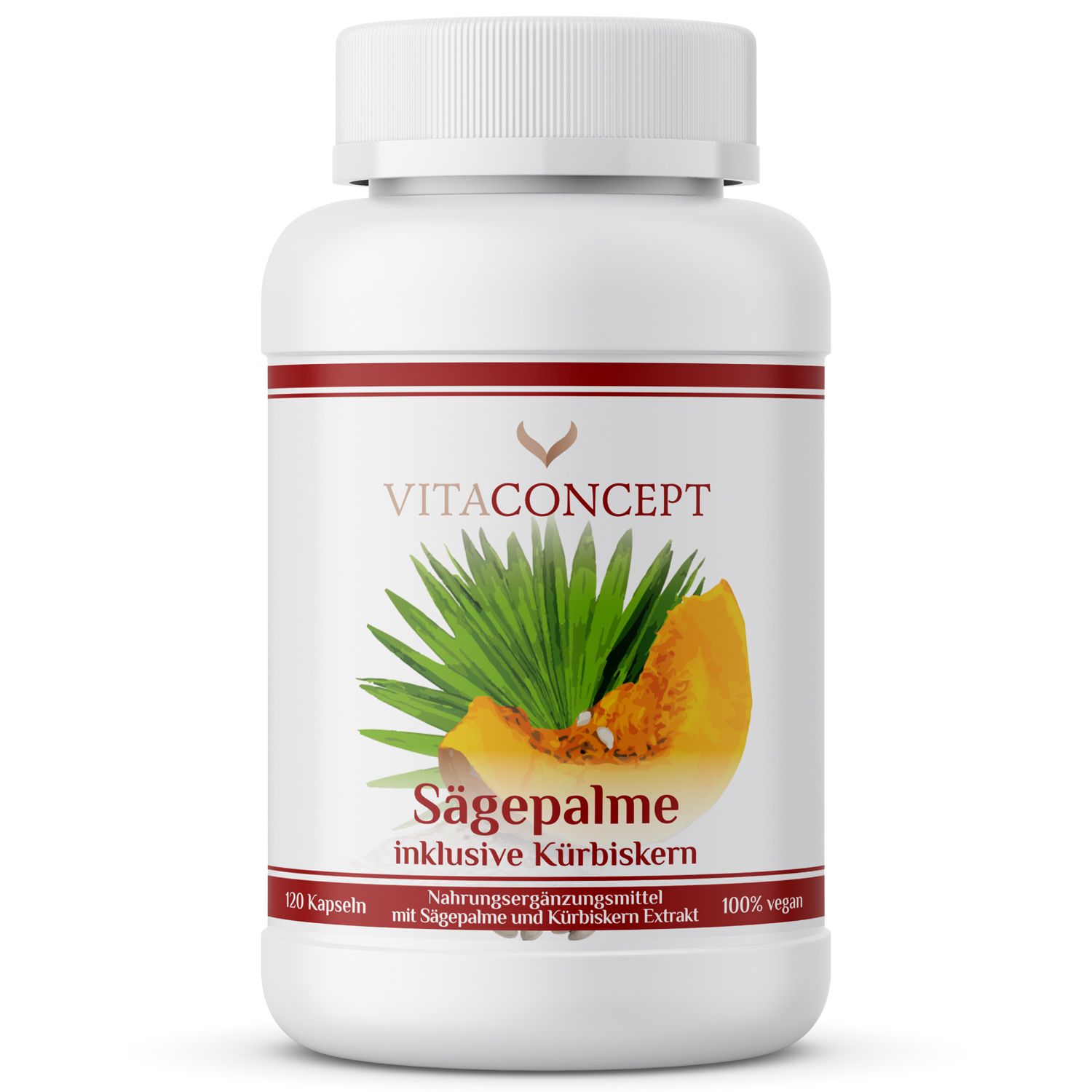 Weiße Kapsel-Dose mit rotem Streifen und Produktabbildung. Aufschrift: VITACONCEPT Sägepalme & Kürbiskern. 120 Kapseln, 100% vegan.