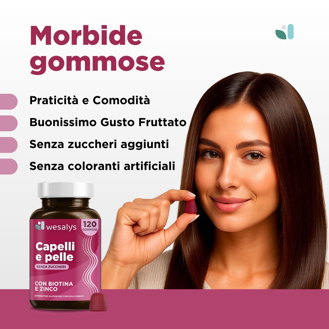 Frau mit Flasche WESALYS® Integratore Capelli e Pelle. Text: Praticità e Comodità, Buono Gusto Fruttato, Senza zuccheri aggiunti. Hintergrund: rosa.