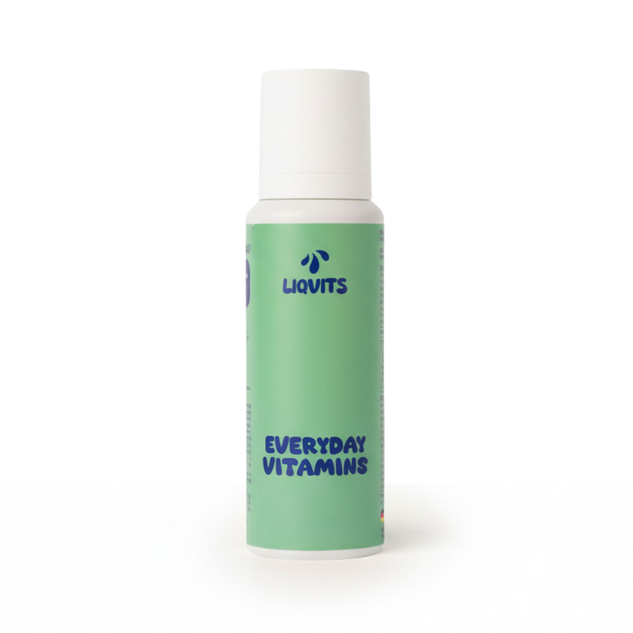 Grüne Flasche mit weißem Deckel. Aufschrift: LIQUITS, EVERYDAY VITAMINS.