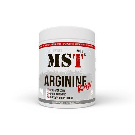 Weißes Supplement-Behälter mit roter und schwarzer Beschriftung. "MST Arginine RAW" und "500 g" sind sichtbar.