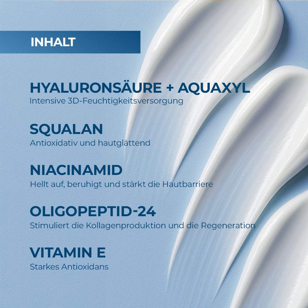 Nahaufnahme von Creme-Texturen. Text: Hyaluronsäure + Aquaxyl, Squalane, Niacinamid, Oligopeptid-24, Vitamin E. Inhaltsstoffe des Produkts.