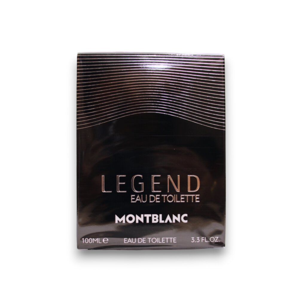 Schwarze Verpackung. Aufschrift: LEGEND, Eau de Toilette, MONTBLANC. Logo. Verpackung steht auf weißem Hintergrund.