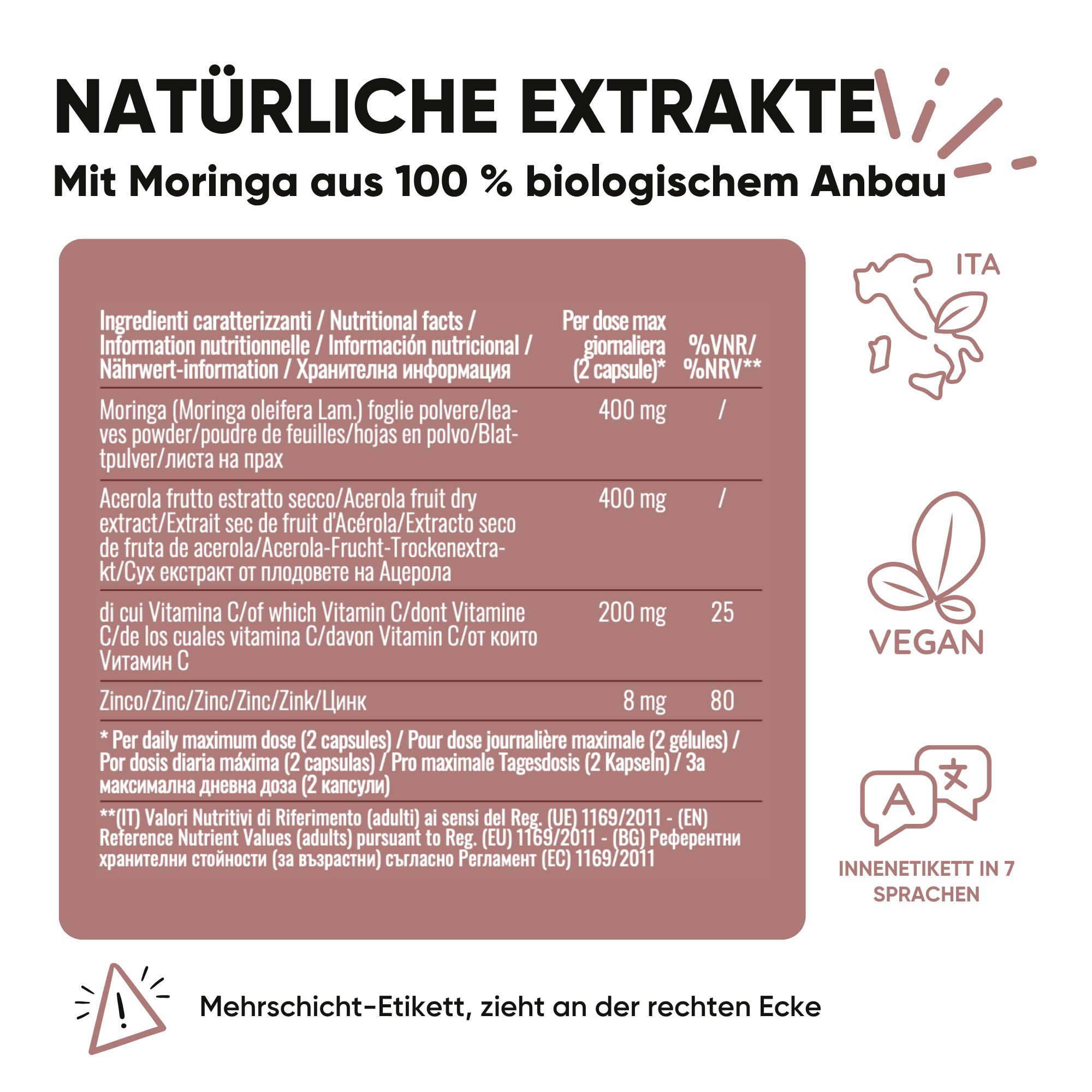 Nährwertangaben: Moringa, Acerola, Vitamin C, Zink. Vegan und in 7 Sprachen.