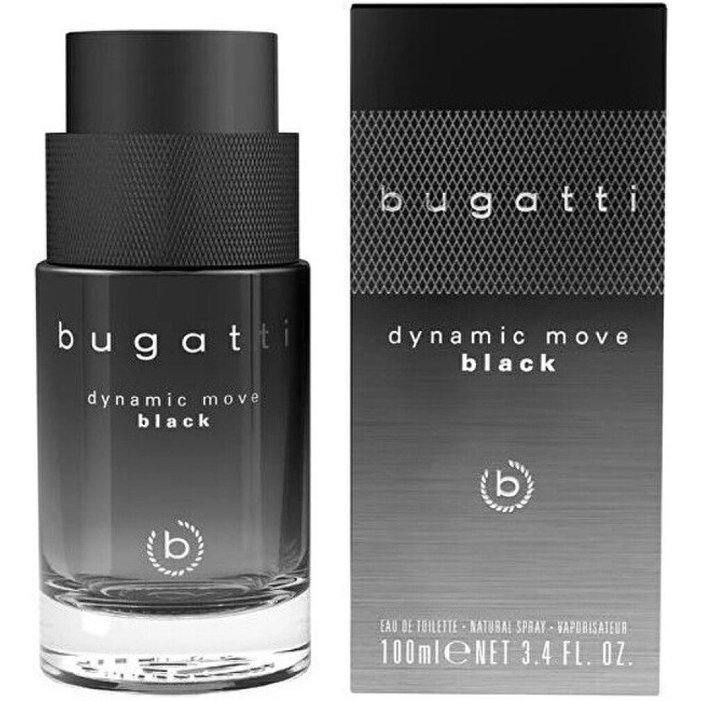 Schwarzer Flakon und Verpackung von bugatti Dynamic Move Black. Flakon mit schwarzem Verschluss, Schriftzug und Logo.