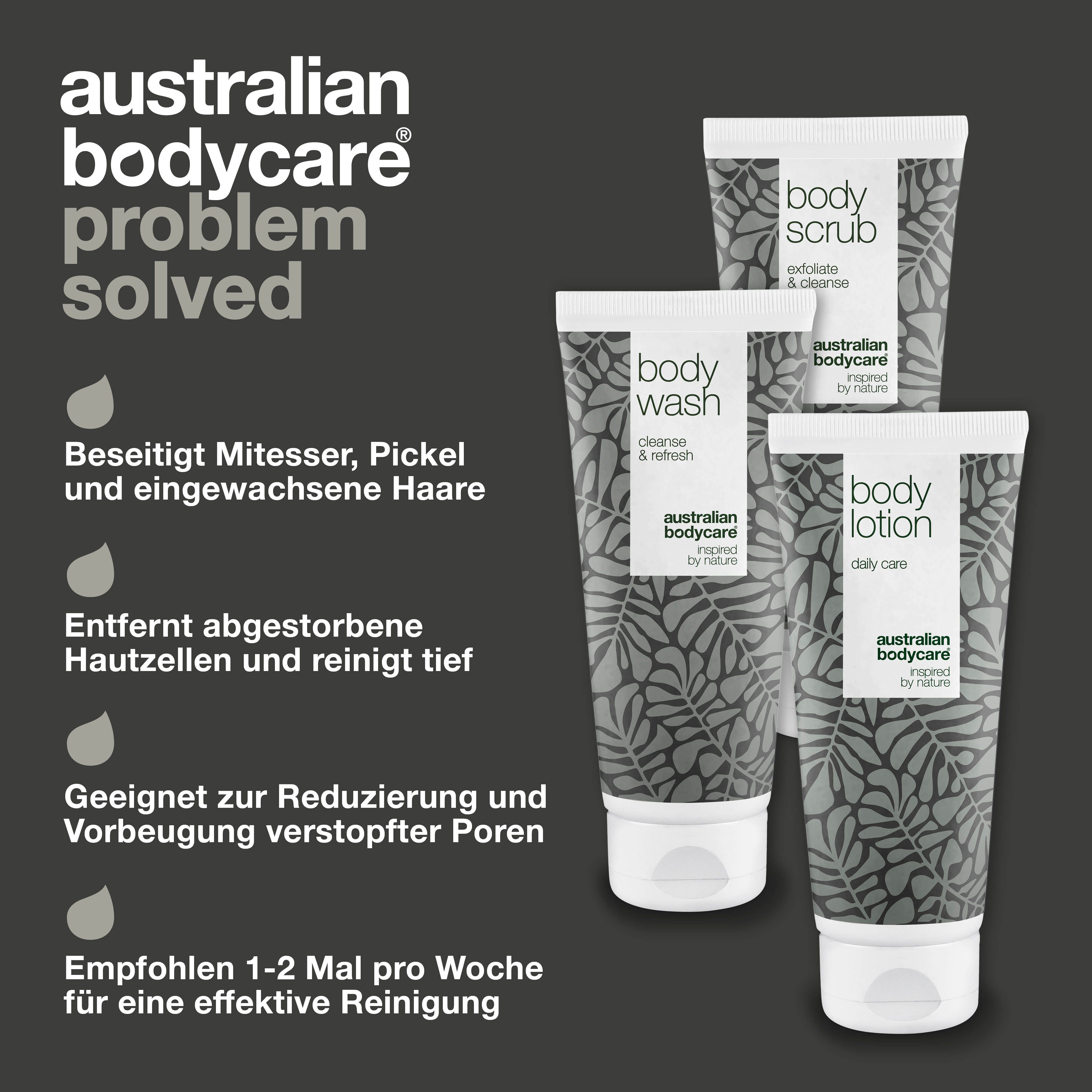 Text: Australian Bodycare. Problem gelöst. Drei Tuben Body Wash, Body Scrub, Body Lotion. Tropfen.