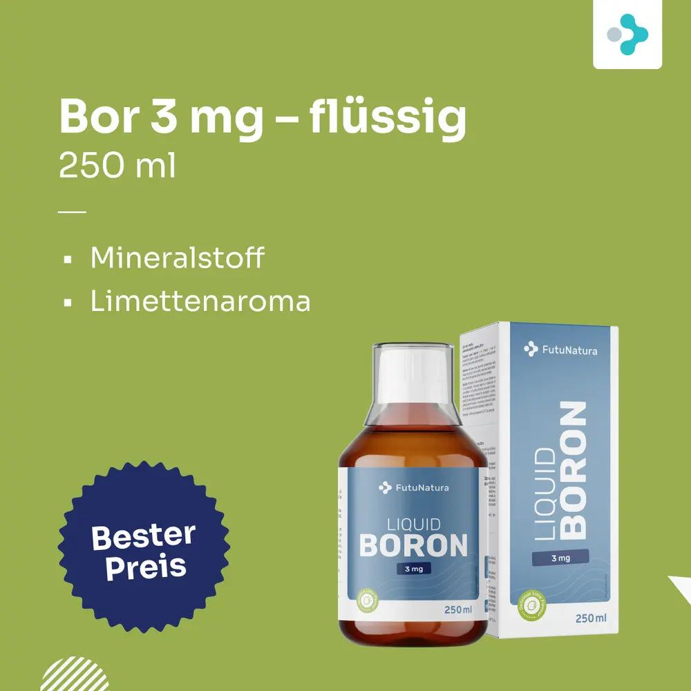 Flasche und Verpackung mit Logo und Aufschrift Liquid Boron 3 mg. Text: Mineralstoff, Limettenaroma, Bester Preis.